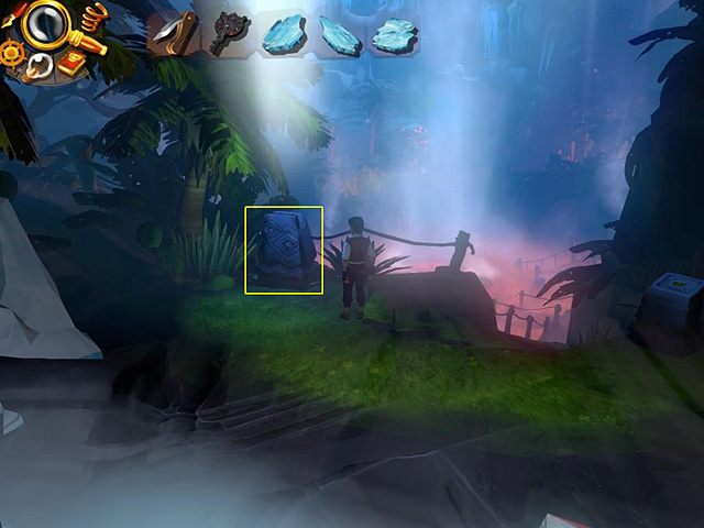 Tam wetknij jeden z odłamków w tajemniczy kamienny cokół (na lewo od zejścia do kamiennej twarzy w podłożu) - Wydostań skarb | Afryka, Kilimandżaro | Jack Keane 2 The Fire Within - Jack Keane 2: The Fire Within - poradnik do gry