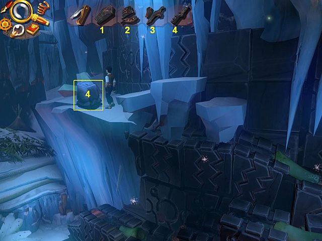 Przyjrzyj się odmrożonemu kamieniowi z wgłębieniem o dziwnym kształcie, by stwierdzić, który fragment amuletu do niego pasuje (można też metodą prób i błędów), po czym włóż tam odpowiednią część (czwartą) - Wydostań skarb | Afryka, Kilimandżaro | Jack Keane 2 The Fire Within - Jack Keane 2: The Fire Within - poradnik do gry