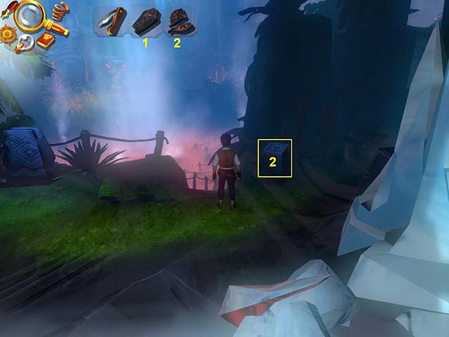 Wróć mostem do portalu (w lewo), gdzie stoi kolejny kamień z wgłębieniem - przy zejściu do kamiennej twarzy w podłożu (z jego prawej strony) - Wydostań skarb | Afryka, Kilimandżaro | Jack Keane 2 The Fire Within - Jack Keane 2: The Fire Within - poradnik do gry