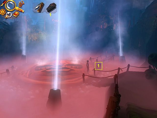 Ostatni kamień znajdziesz na dole, zejdź zatem po schodach i zlokalizuj go na prawo od kamiennej twarzy - oczywiście wsadź w jego wgłębienie odpowiedni fragment amuletu (pierwszy) - Wydostań skarb | Afryka, Kilimandżaro | Jack Keane 2 The Fire Within - Jack Keane 2: The Fire Within - poradnik do gry