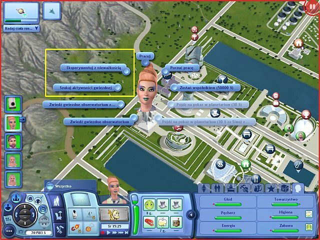 Dzięki pracy astronoma lub posiadaniu przez Sima minimum poziomu 1 umiejętności logika w gwiezdnym obserwatorium pojawiają się dodatkowe opcje - pierwsza to eksperymentowanie ze stanem nieważkości, które nieznacznie podwyższa ocenę pracy oraz poziom technologii zaawansowanej - Astronom | Kariery w The Sims 3 Skok w Przyszłość - The Sims 3: Skok w Przyszłość - poradnik do gry