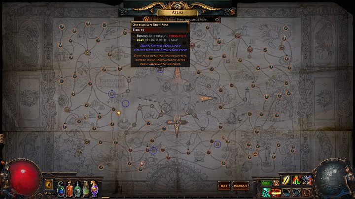 Niektóre Mapy posiadają niebieskie okręgi, które oznaczają, że możesz tutaj znaleźć przedmiot Shapers Orb, po zabiciu końcowego Bosa z dodatkowym wymaganiem Atlas Bonusa - Czym jest Atlas? | Path of Exile - Path of Exile - poradnik do gry