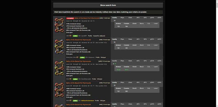 Gdy system przefiltruje wyniki, Gracz ma możliwość zobaczenia przedmiotu, ilości gniazd i połączeń między nimi, statystyk oraz cenę, jaką żąda sprzedający - Jak handlować przedmiotami? | Path of Exile - Path of Exile - poradnik do gry