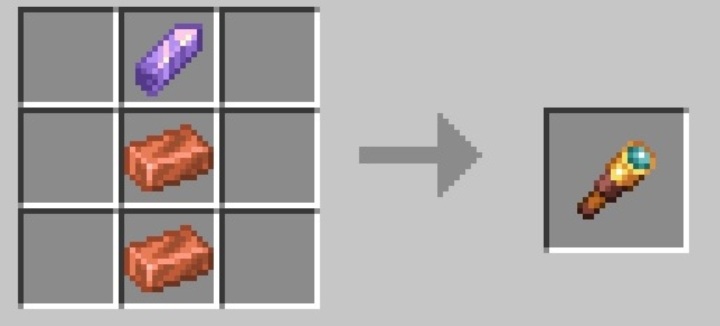 Drugą rzeczą, którą możecie stworzyć lunetę - wytworzycie ją z 2 sztabek miedzi i 1 kryształu ametystu (jak na screenie powyżej) - Minecraft Caves & Cliffs: Miedź - lokalizacja, zastosowanie - Minecraft - poradnik do gry