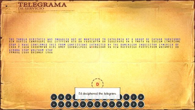 Znając słowo klucz, bez problemu odczytasz telegram. - George - Castell Great Hall; Castell Library | Castell dels Sants - Broken Sword: The Serpents Curse - poradnik do gry