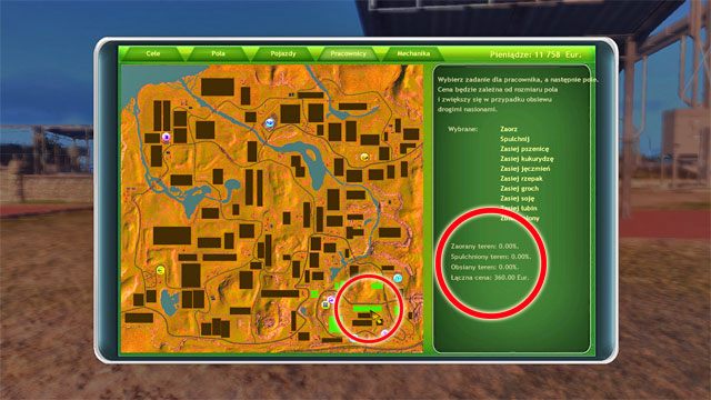 Po wybraniu rodzaju pracy wybierasz na którym polu ma zostać wykonana. - Wynajmowanie pracowników | Rozwój gospodarstwa Symulator Farmy 2014 - Symulator Farmy 2014 - poradnik do gry