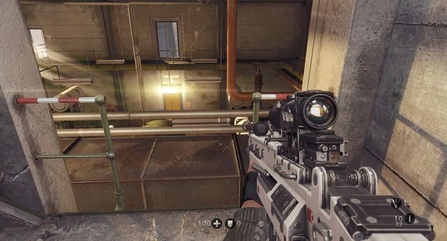 Po przejściu przez magazyn zejdź po schodach i przejdź w tym miejscu - Most Gibraltarski | Misje Główne w Wolfenstein The New Order - Wolfenstein: The New Order - poradnik do gry