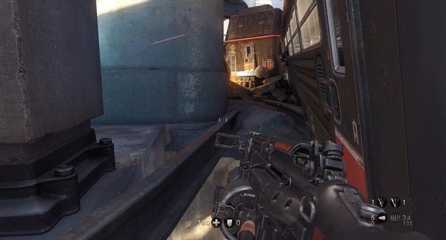 Po wyjściu z drugiego wagonu skręć tak jak jest na obrazku - Most Gibraltarski | Sekrety w Wolfenstein The New Order - Wolfenstein: The New Order - poradnik do gry