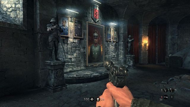 Wejdź w interakcję z pomnikiem rycerza po lewej - Sztab Trupiej Główki | Sekrety w Wolfenstein The New Order - Wolfenstein: The New Order - poradnik do gry