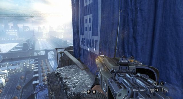 Idź po deskach aby dojść do pokoju z którego już schodami do śmigłowca - Powrót do London Nautiki | Misje Główne w Wolfenstein The New Order - Wolfenstein: The New Order - poradnik do gry