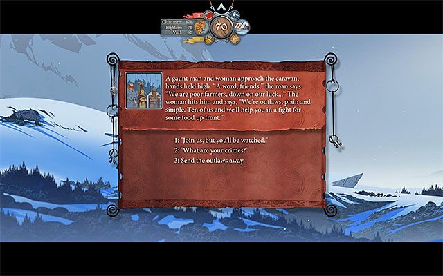 Możesz pozwolić złodziejaszkom na dołączenie do karawany lub ich spławić - Podróż do Grofheim | Rozdział 4 / Chapter 4 w The Banner Saga - The Banner Saga - poradnik do gry