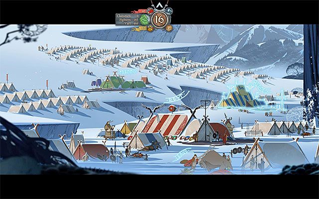 W obozowisku możesz odpocząć, potrenować, rozwinąć bohaterów i z nimi porozmawiać - Miasta i obozowiska | Karawana w The Banner Saga - The Banner Saga - poradnik do gry