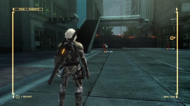 Za barykadą na wprost jest komputer VRM. - R-03 Mile High | Kampania - opis przejścia Metal Gear Rising Revengeance - Metal Gear Rising: Revengeance - poradnik do gry