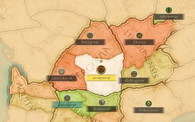 Zaczynamy od otworzenia okna dyplomacji i zbadania stosunków dyplomatycznych panujących pomiędzy naszymi sąsiadami - Warunki zwycięstwa i pierwsze kroki | Frakcje - Arwernowie - Total War: Rome II - Cezar w Galii - poradnik do gry