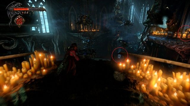 Obrazek przedstawia lokalizacje obu Skrzyń Bólu w pomieszczeniu z żyrandolami. - Misja 1 - Bioquimek Corporation | Klejnoty - I przejście - Castlevania: Lords of Shadow 2 - poradnik do gry
