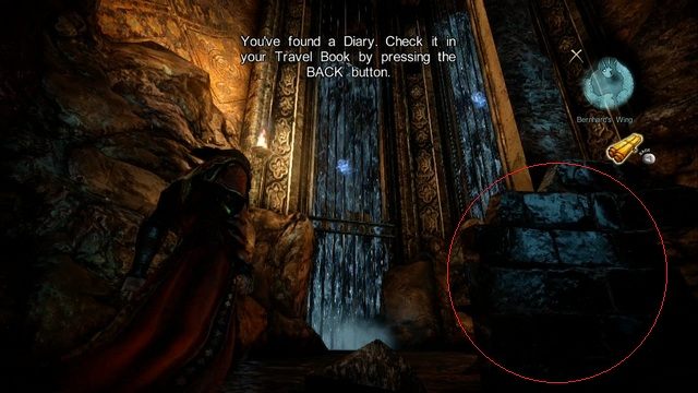 Wodospady prowadzące do Skrzyni Bólu i oznaczona na czerwono lokalizacja pamiętnika. - Misja 1 - Bioquimek Corporation | Memoriały i Pamiętniki - I przejście - Castlevania: Lords of Shadow 2 - poradnik do gry
