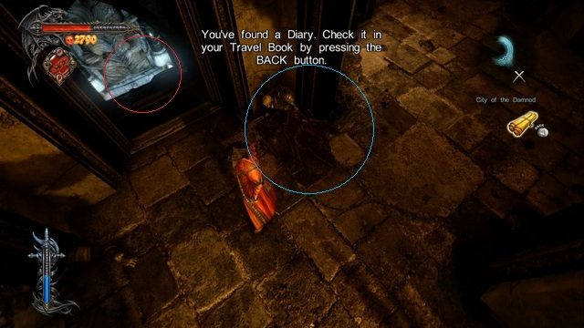 Na niebiesko oznaczone zwłoki żołnierza, a na czerwono wejście do pomieszczenia z mechanizmem. - Misja 2 - The Three Gorgons | Stosy Ofiarne i Klucze Podziemi - I przejście - Castlevania: Lords of Shadow 2 - poradnik do gry