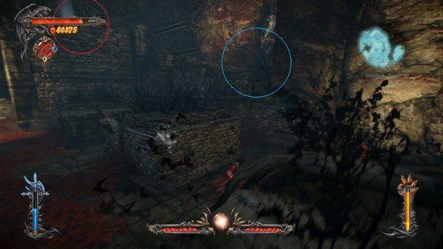 Na niebiesko zaznaczone miejsce z Pamiętnikiem, na czerwono z Klejnotem Pustki. - Overlook Tower | Znajdźki - drugie podejście | Castlevania Lords of Shadow 2 - Castlevania: Lords of Shadow 2 - poradnik do gry