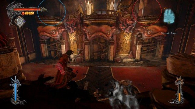 Na czerwono zaznaczona lokalizacja Stosu Ofiarnego, na niebiesko Klejnotu Chaosu. - Overlook Tower | Znajdźki - drugie podejście | Castlevania Lords of Shadow 2 - Castlevania: Lords of Shadow 2 - poradnik do gry