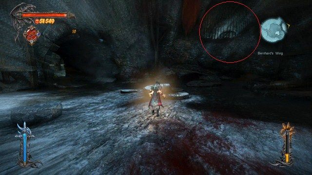 Tunel prowadzący do pamiętnika zaznaczony na czerwono. - Bernhards Wing | Znajdźki - drugie podejście | Castlevania Lords of Shadow 2 - Castlevania: Lords of Shadow 2 - poradnik do gry
