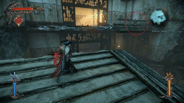 Na czerwono zaznaczone miejsce Skrzyni Bólu, na niebiesko mechanizmu na Klucz Podziemi. - Sciences District | Znajdźki - drugie podejście | Castlevania Lords of Shadow 2 - Castlevania: Lords of Shadow 2 - poradnik do gry