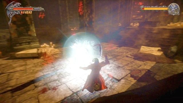 Wróg też może używać zsynchronizowanego bloku - w dodatku nie możesz korzystać ze swoich mocy. - Misja 8 - The Hooded Man | Kampania - opis przejścia - Castlevania: Lords of Shadow 2 - poradnik do gry