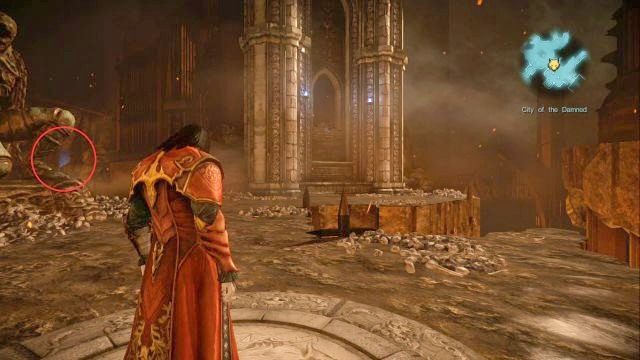 Na czerwono zaznaczone miejsce, w którym znajdziesz Skrzynię Bólu i zwłoki żołnierza. - Misja 3 - The Antidote | Kampania - opis przejścia - Castlevania: Lords of Shadow 2 - poradnik do gry