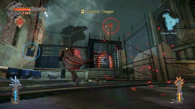 Na czerwono zaznaczony punkt, w który musisz rzucić Sztyletem Cienia, a na niebiesko trasa na górę. - Misja 3 - The Antidote | Kampania - opis przejścia - Castlevania: Lords of Shadow 2 - poradnik do gry
