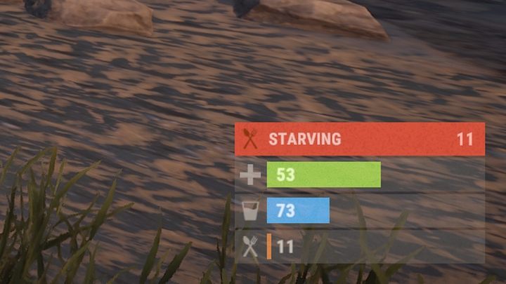 Zdrowie, nawodnienie oraz głód są widoczne w dolnym prawym rogu - Rust: Pierwsze kroki - jak rozpocząć grę? - Rust - przewodnik przetrwania - poradnik do gry