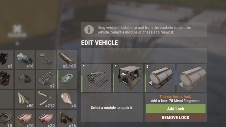 Wykonanie zamka i klucza kosztuje 75 fragmentów metalu, ale zapasowy już tylko 15 - Rust: Kluczyki do samochodu - skąd wziąć? - Rust - przewodnik przetrwania - poradnik do gry