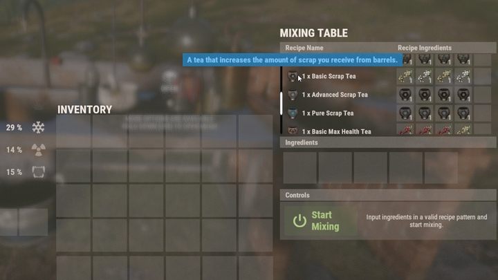 Używając stołu do mieszania możecie wytworzyć herbatkę, która zwiększy ilość znajdowanego i pozyskiwanego złomu (także z recyklerów, ale nie od handlarzy) o 100% na 30 minut - Rust: Złom - jak zdobywać? - Rust - przewodnik przetrwania - poradnik do gry