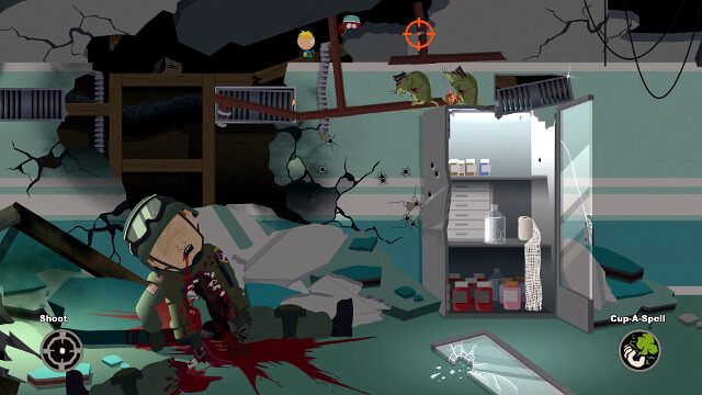 Najszybciej będzie strzelić w otwór wentylacyjny, a następnie użyć proszku i dostać się po szafce na górę - Zawieranie sojuszy/Forging Alliances | Opis przejścia - South Park: Kijek Prawdy - poradnik do gry