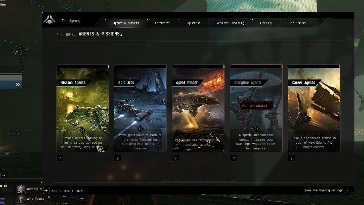 W oknie Agencji (The Agency) znajdziecie wiele różnych misji (eksploracja, walka, górnictwo), których możecie podjąć się w trakcie rozgrywki w EVE Online - EVE Online: Interfejs - ważne elementy - EVE Online - poradnik do gry
