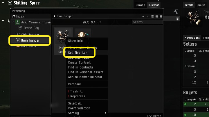 Gdy przedmioty znajdą się już w hangarze, kliknijcie wybrany przedmiot PPM i wybierzcie opcję Sell This Item - EVE Online: Rynek/Market - jak sprzedawać? - EVE Online - poradnik do gry