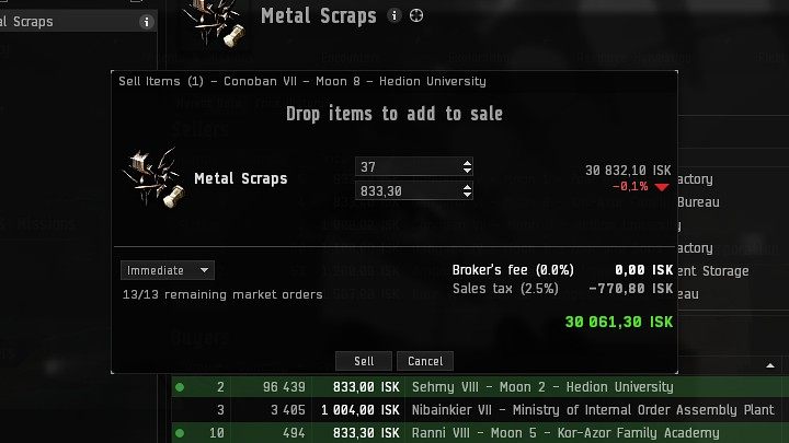 Zostaniecie automatycznie przeniesieni do okna sprzedaży przedmiotów, gdzie będziecie mogli wybrać ilość przedmiotów, które chcecie sprzedać natychmiast (jeśli znajdzie się dobry kupiec) lub wystawić je na rynku za określoną sumę ISK - EVE Online: Rynek/Market - jak sprzedawać? - EVE Online - poradnik do gry