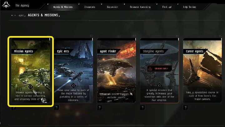 Następnie przejdźcie do zakładki Agents & Missions i kliknijcie w kafelek Mission Agents, aby przejść do wyboru kategorii misji - EVE Online: Misje - jak rozpocząć? - EVE Online - poradnik do gry