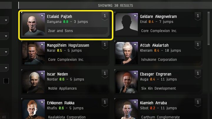 Po wybraniu określonego typu misji przejdziecie do okna z Agentami, którzy mogą zlecić Wam misje - EVE Online: Misje - jak rozpocząć? - EVE Online - poradnik do gry