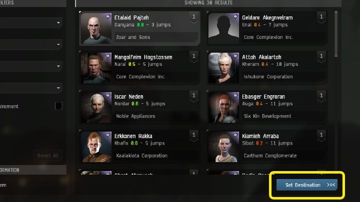Po wybraniu Agenta kliknijcie na niego, a później na przycisk Set Destination, aby określić trasę lotu - EVE Online: Misje - jak rozpocząć? - EVE Online - poradnik do gry