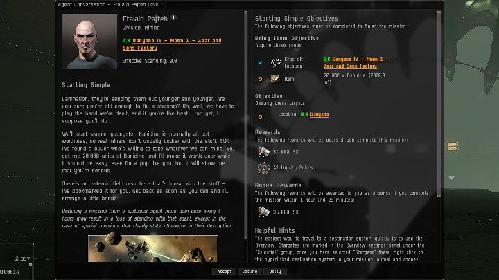W oknie, które wyświetli się na ekranie będziecie mogli przeczytać wszystkie informacje na temat danej misji - EVE Online: Misje - jak rozpocząć? - EVE Online - poradnik do gry