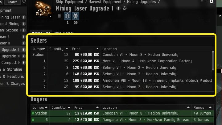 Po przeszukaniu rynku pod kątem potrzebnego przedmiotu Waszym oczom ukażą się dwie sekcje: sprzedający oraz kupujący - EVE Online: Rynek (Market) - EVE Online - poradnik do gry
