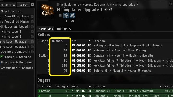 W kolumnie Ilość (Quantity) znajdziecie informację o ilości przedmiotów wystawionych na sprzedaż przez jednego sprzedającego - EVE Online: Rynek (Market) - EVE Online - poradnik do gry