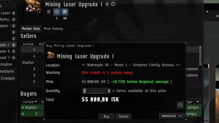 Po wybraniu sprzedawcy kliknijcie PPM na przedmiot i wybierzcie opcję Kup (Buy), a następnie wpiszcie ilość przedmiotów, którą chcecie nabyć i potwierdźcie swój wybór - EVE Online: Rynek (Market) - EVE Online - poradnik do gry