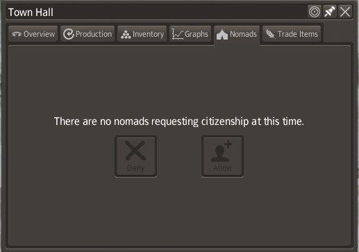 Po jego wzniesieniu wejdź w widok karty ratusza, a następnie wybierz zakładkę Nomads - Koczownicy w Banished | Podstawy rozgrywki - Banished - poradnik do gry