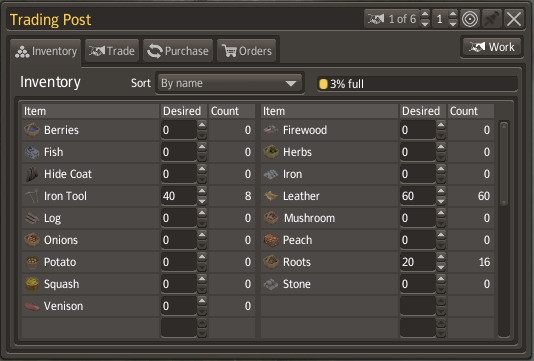 W pierwszym ekranie dokonasz przeglądu towarów w magazynie zlokalizowanym w dokach - składowaną ilość danego materiału możesz dowolnie modyfikować - pamiętaj jednak, by odpowiednio wcześnie zaopatrzyć się w przedmioty, które chcesz wymienić, gdyż po przyjeździe kupca może być już za późno - Handel w Banished | Podstawy rozgrywki - Banished - poradnik do gry