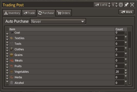 W trzecim okienku możesz zautomatyzować proces kupna większości produktów - możesz ponadto zadecydować, czy towary zostaną zakupione w momencie, gdy kupiec przypływa, czy gdy opuszcza port - Handel w Banished | Podstawy rozgrywki - Banished - poradnik do gry