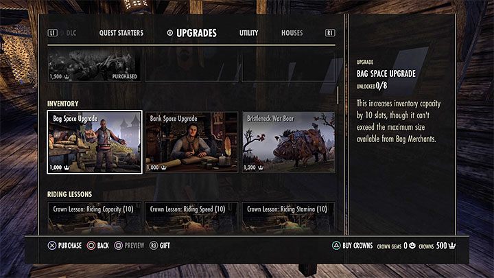 Jeśli nie chcesz czekać ani zbierać złota, to ulepszenie Bag Space Upgrade można też kupić w sklepie Crown Store - ESO: Inwentarz bohatera - jak powiększyć? - The Elder Scrolls Online - poradnik do gry