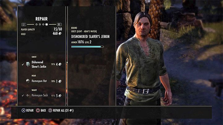 Elementy wyposażenia bohatera w TESO łatwo podlegają zużyciu w wyniku otrzymywania obrażeń od przeciwników oraz każdorazowo po tym jak doprowadzisz do zgonu sterowanej postaci - ESO: Porady na start - The Elder Scrolls Online - poradnik do gry