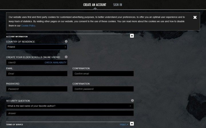 W pierwszym oknie zakładania konta musisz wypełnić następujące pola - ESO: Konto w The Elder Scrolls Online - jak założyć? - The Elder Scrolls Online - poradnik do gry
