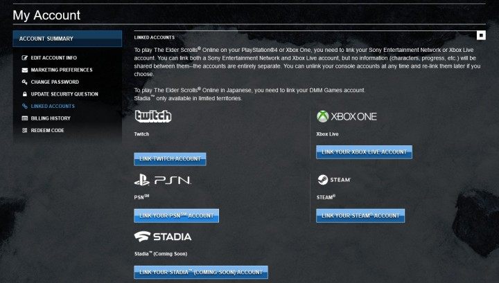 3) Link Accounts - Powiązać konto TESO z kontem w ramach innej usługi - ESO: Konto w The Elder Scrolls Online - jak założyć? - The Elder Scrolls Online - poradnik do gry