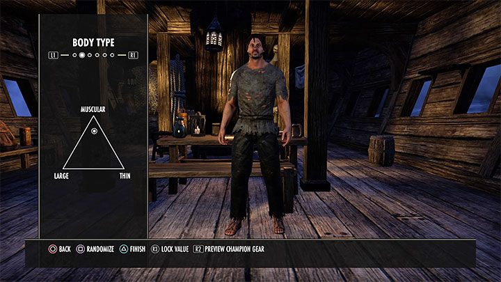 Możesz używać suwaka do ustalenia ogólnego kształtu ciała swojego bohatera - gra pozwala położyć większy nacisk na to, żeby był on duży (Large), muskularny (Muscular) lub smukły (Thin) - ESO: Kreator postaci, najlepszy pierwszy bohater, porady - The Elder Scrolls Online - poradnik do gry